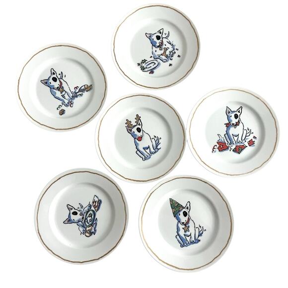 Williams Sonoma "Trouble" Bull Terrier Dog Christmas Dessert Plates Set of 6 - Picture 1 of 8